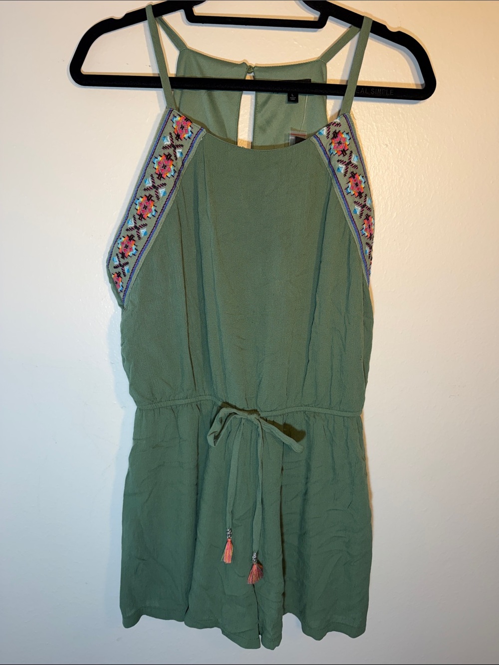 As U Wish Olive Sage Green Embroidered Halter Romper Tassels NWT Large